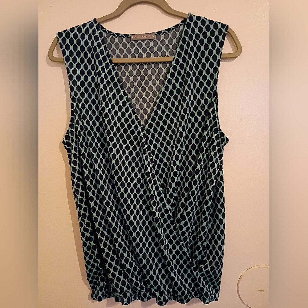 Loveappella Women's Black and Blue Geometric Wrap Blouse Sz L